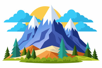 Geometric Illustration of Mountain Range with Sun and Clouds