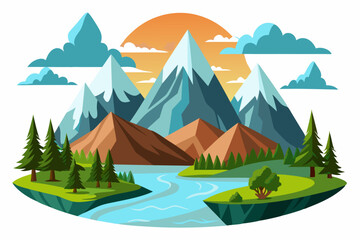 Mountainous Landscape with River and Forest at Sunset