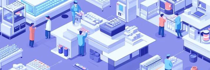 Workers in a modern pharmaceutical factory,  engaged in manufacturing and quality control,  symbolizing  precision,  innovation,  healthcare,  efficiency, and production.