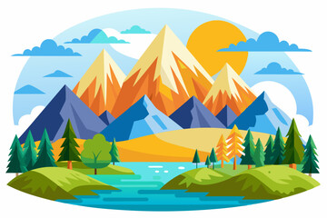 A Colorful, Flat-Style Mountain Landscape with a Winding River