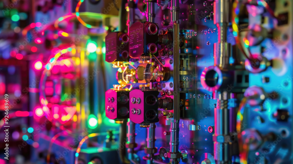 Poster glowing circuit board with colorful lights showcasing intricate electronic components during a techn