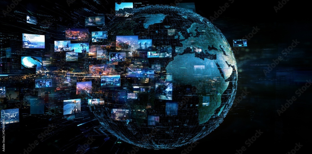 Poster a digital globe surrounded by interconnected television screens displaying various types of advertis