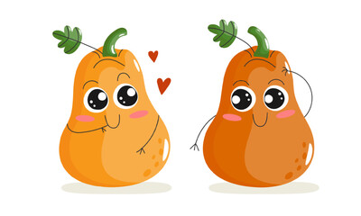 Two pumpkins in love. Cute cartoon kawaii characters isolated on white. Holiday design for Halloween and Thanksgiving day. Vector illustration.
