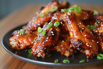 Honey sriracha glazed chicken wings on black plate