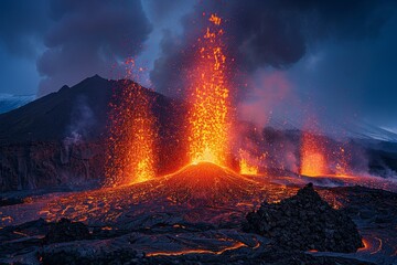 Active Volcano Erupting at Night with Glowing Lava and Dark Sky.