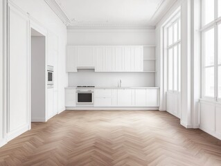 Fototapeta premium A kitchen with white cabinets and a wood floor