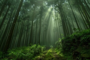 Fototapeta premium Towering Trees in Ancient Forest Showcasing Dense Canopy Patterns