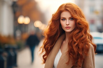 Fototapeta premium A woman with long red hair is standing on a city street