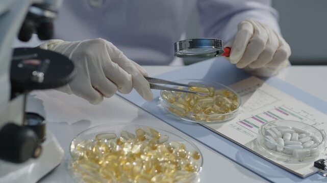 Health supplement research scene for commercial video, researcher picks a fish oil capsule up and observe by magnifying glass. High angle close up view, space for designing
