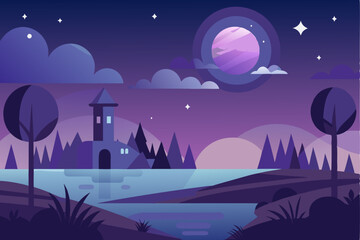 A Nighttime Landscape with a Tower, Trees, and a Glowing Planet