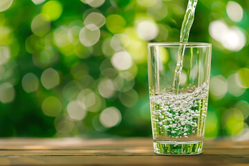 Water being poured into a glass on wooden table