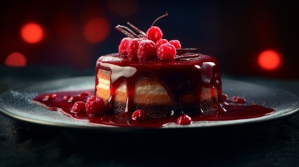 cheesecake topped with fresh raspberries and dripping raspberry sauce