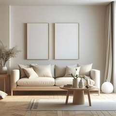 Minimalist Living Room Interior Design with White Sofa and Two Empty Frames