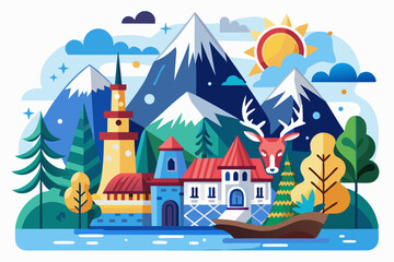 Fototapeta premium A village nestled between snow-capped mountains, with a deer in the foreground.