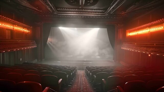 Empty theater stage with spotlight shining through the curtains.  The stage is ready for the show to begin.