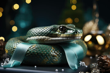 Fototapeta premium A green snake rests elegantly on a teal ribbon, surrounded by festive decorations and soft lights
