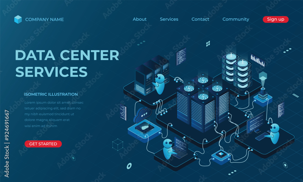 Poster isometric data center landing page concept. networking, database, cloud storage. digital technology 