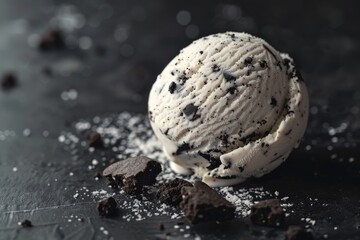 A scoop of cookies and cream ice cream on a dark surface, surrounded by cookie crumbs.