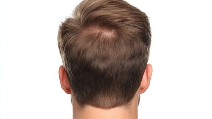 A man with hair loss stands alone, showcasing a balding head against a pristine white backdrop, capturing a moment of introspection and vulnerability