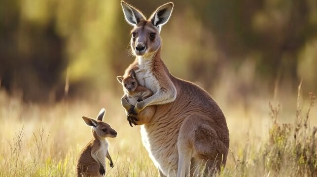 A mother kangaroo with her joey and a young joey in the pouch.