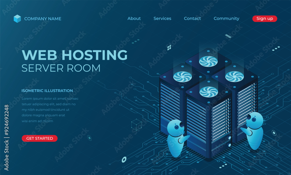 Poster isometric web hosting landing page concept. concept of server hosting. online computing technology. 