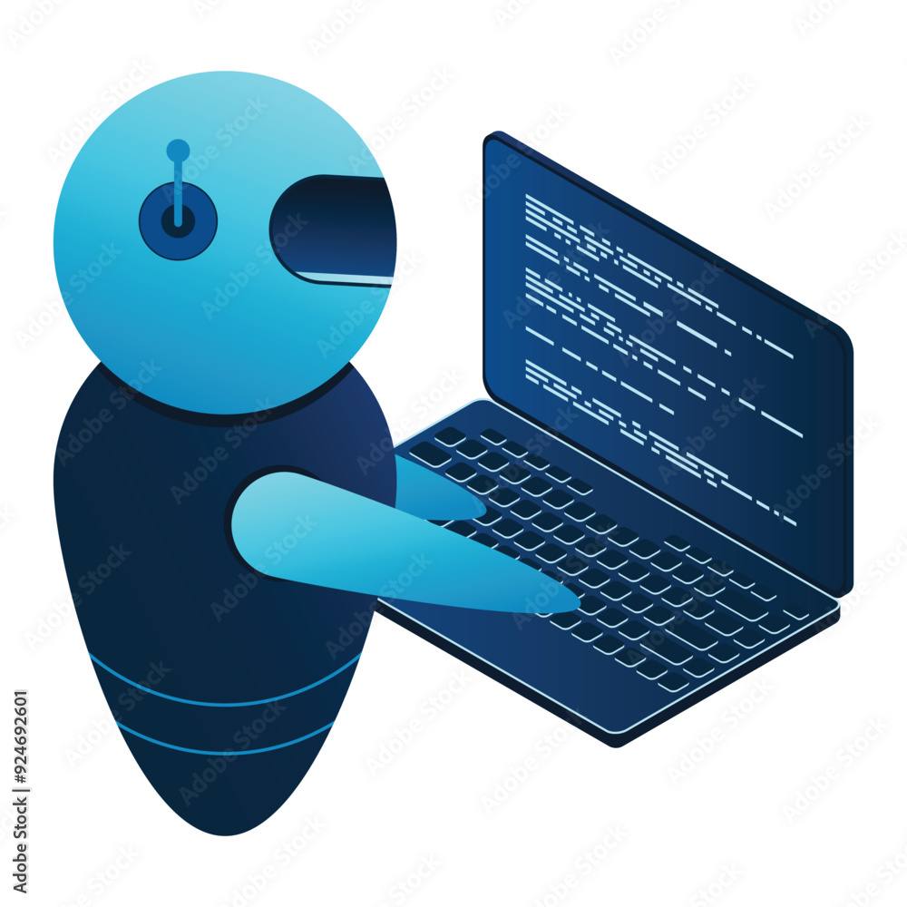 Poster futuristic robot interaction with computer. isometric ai robot. digital communication chatbots. vect