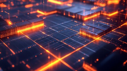 Fototapeta premium Abstract digital background with blue and orange light rays on a dark grid floor.