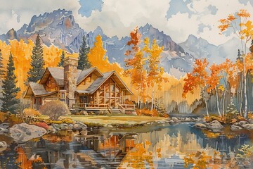 Fototapeta premium Cozy Autumn Cabin Scene with Warm Colors in Rustic Painting Style