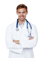Fototapeta premium Man portrait, doctor and arms crossed for medicine in studio, physician consultation and white background. Male person, cardiology surgeon and ready for test, healthcare and emergency specialist