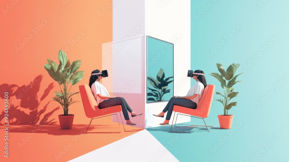 Aufkleber digital twin concept - real-world objects mirroring in flat design illustration