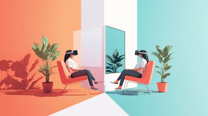 Digital Twin Concept - Real-World Objects Mirroring in Flat Design Illustration