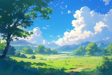 Obraz premium Beautiful landscape with a green field, a dirt path, a blue sky with white fluffy clouds, and a large tree in the foreground. 