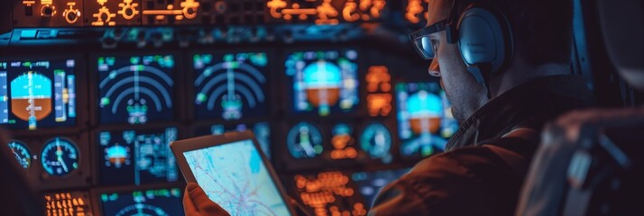 Pilot using a tablet displaying a digital map, in a well-lit modern airplane cockpit packed with advanced avionics and navigation instruments.