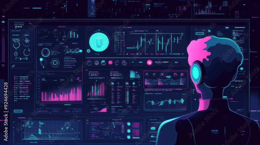 Poster futuristic predictive analytics dashboard with ai insights - flat design illustration