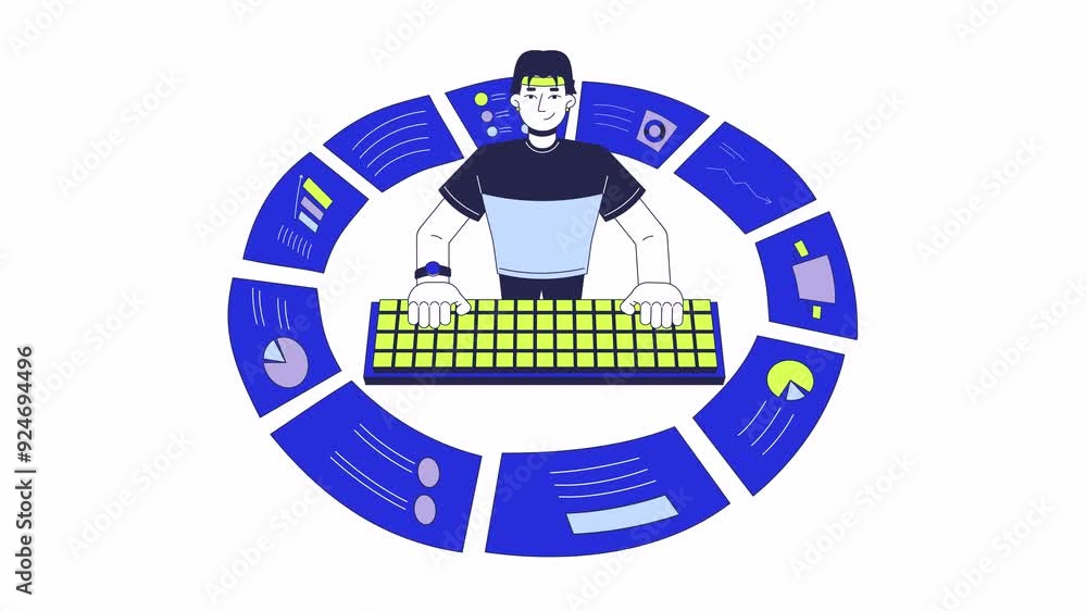Poster data analytics business reports line 2d animation. computer analyst typing keyboard 4k video motion 