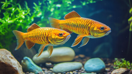 Fototapeta premium A pair of vibrant golden arowana fish swimming gracefully in a feng shui-inspired aquarium,