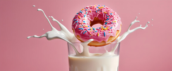 Donut Delight: Detailed Pink Donut and Springs Falling into Milk