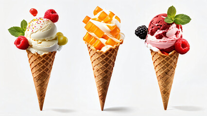 Ice cream scoop on waffle cone on transparent background cutout, many assorted different flavour mockup template for artwork design