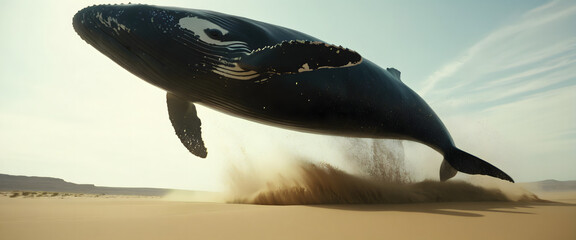 Desert Whale Surge: Cinematic Low Angle of a Whale Leaping in Sand