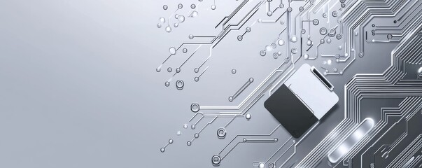 Fototapeta premium Abstract gray background with a circuit board pattern and glowing dots for a technology