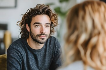 A man with long, curly hair and a beard gazes intently at a woman, their intimate moment captured in a close-up shot. The soft lighting and the man's focused expression hint