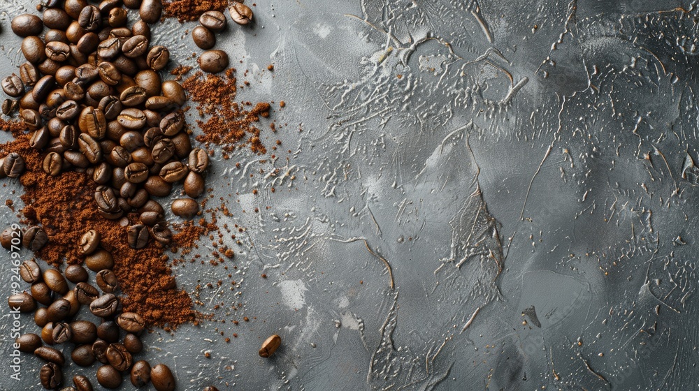 Poster coffee beans and ground coffee placed on gray surface with empty space above view