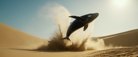 Cinematic Whale Leap: Low Angle Shot of a Whale Jumping in a Desert