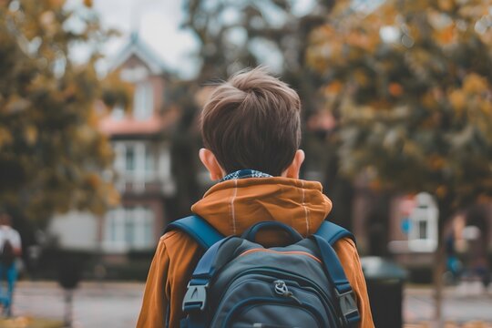 A Young Student Ready for Back to School: Boy with Backpack Standing in Front of His School on the First Day