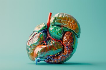 A colorful, 3D model of a human brain with red veins