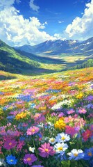 Obraz premium Spring Blossom Wonderland: An Infinite Canvas of Vibrant Colors in a Field of Flowers, Anime-Style, storybook illustrations, comic strips, book illustrations and picture books,Abstract concepts, game