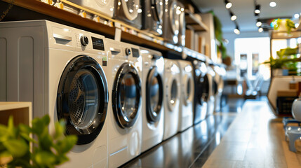 Washing machines displayed in well lit household appliances shop