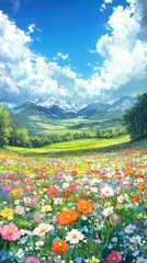 Obraz premium Spring Blossom Wonderland: An Infinite Canvas of Vibrant Colors in a Field of Flowers, Anime-Style, storybook illustrations, comic strips, book illustrations and picture books,Abstract concepts, game
