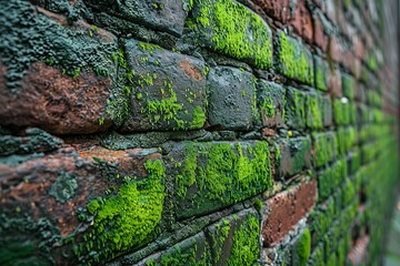 Macro Shot of Brick Wall with Green Moss Showing Textural Contrast