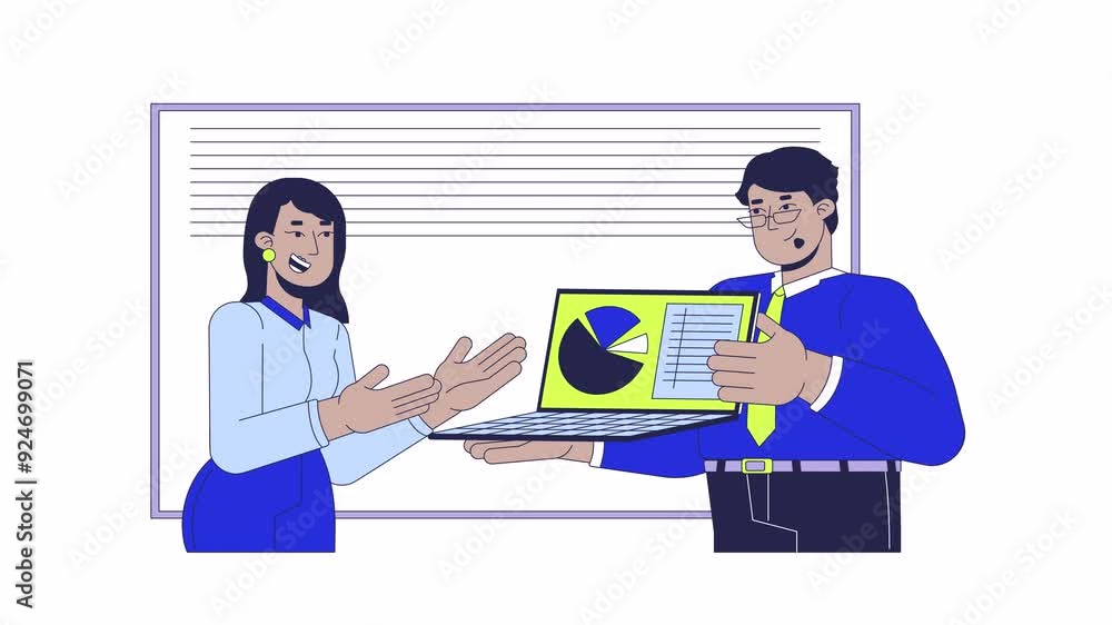 Poster double checking data with manager line cartoon animation. analytics product management 4k video moti